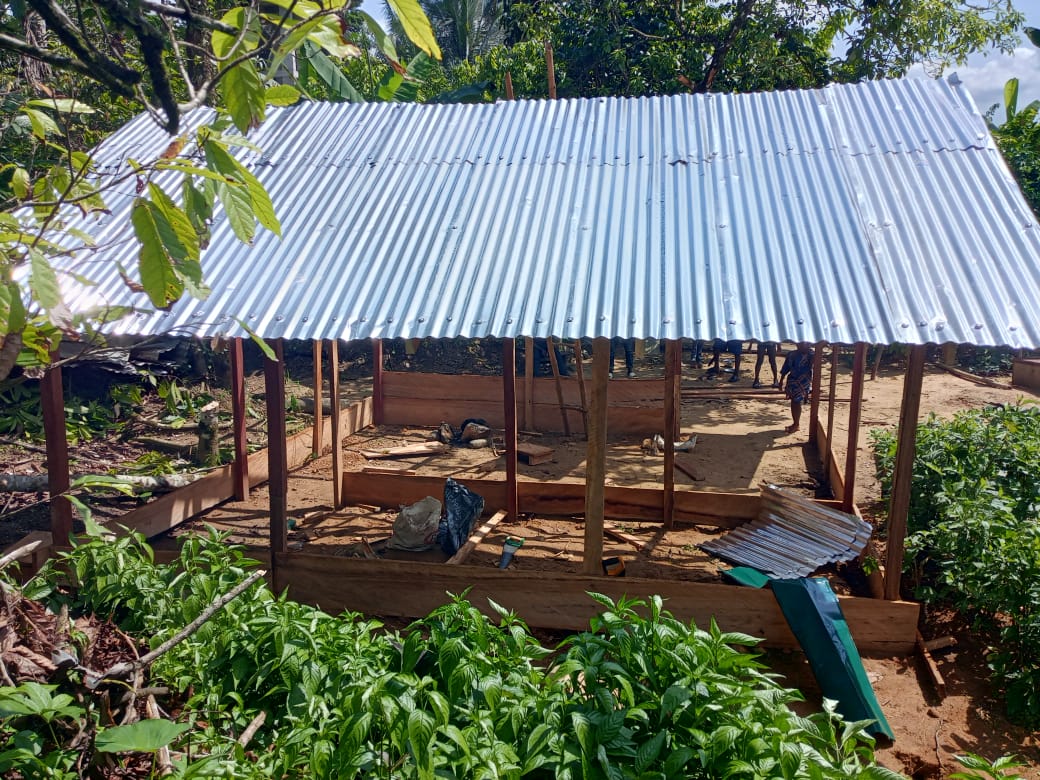 Completed poultry house with new roof beside crops